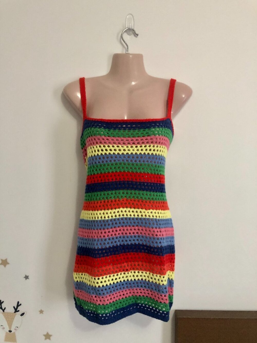Boho Crochet Mini Dress Cover-Up Beach Size L Stripes Shein Colorful Summer